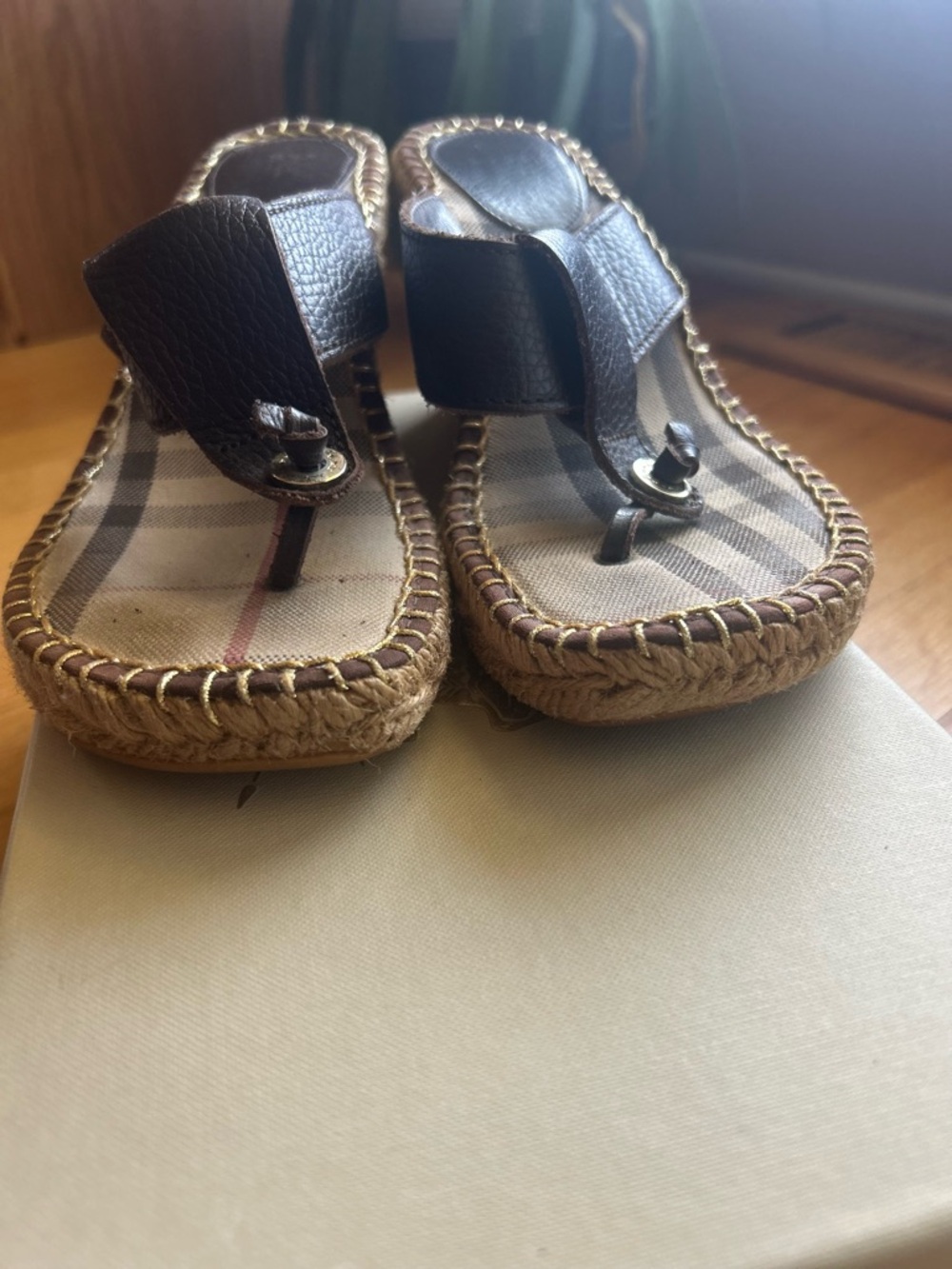 Burberry Beige Plaid Thong Espadrille Sandals with Brown Straps - Picture 5 of 5